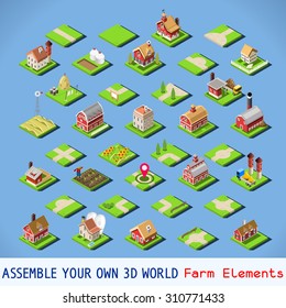 Isometric Building Farm Elements Set. Rural Farm City Map Tiles 3D Flat Ville Building Icon Set. Agriculture Rural Spring Farmland American Building Isolated Vector Collection. Western Village Country