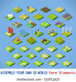 Isometric Building Farm Elements Set. Rural Farm City Map Tiles 3D Flat Ville Building Icon Set. Agriculture Rural Spring Farmland American Building Isolated Vector Collection. Western Village Country