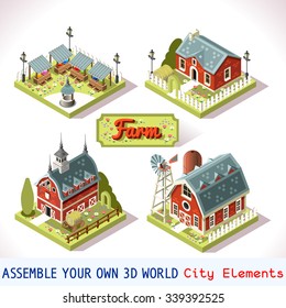 Isometric Building Farm Set. Android video game settlement Rural Farm City Map Tile 3D Flat Ville Building Icon Set. Agriculture Rural Farmland American Building Isolated Country Vector Collection