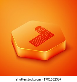 Isometric Building of fire station icon isolated on orange background. Fire department building. Orange hexagon button. Vector Illustration