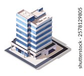 Isometric building with glass facade on white background. Vector illustration