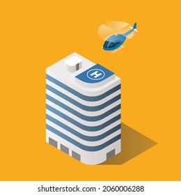 Isometric Building with helicopter landing on top of building. Vector illustration