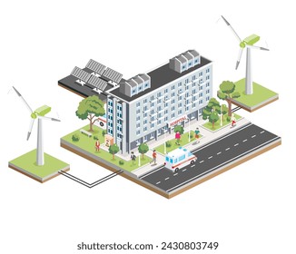 Isometric building of hospital with solar panels and wind turbines. Vector illustration. City clinic. Architectural symbol isolated on white. Ambulance on road. Use of clean energy.