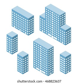 Isometric building. House icon. Set of  high-rise buildings, multistory blocks of flats, office block.