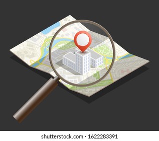 Isometric building house search. Online navigation magnifier order rental of property home. Isometry Rental Property search route banner. 3D itinerary road Get a house online phone application