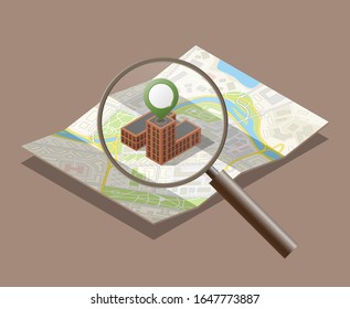 Isometric building house search. Online navigation magnifier order rental of property home. Isometry Rental Property search route banner. 3D itinerary road Get a house online phone application