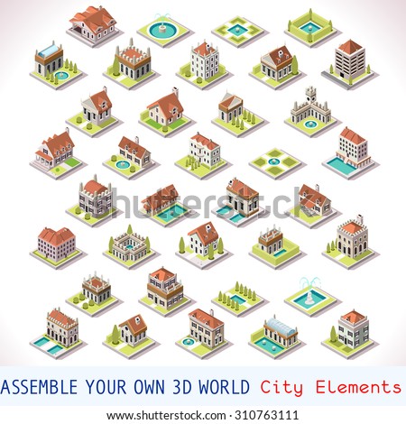 Isometric Building Icon City Palace Private Real Estate. Public Buildings Collection Luxury Hotel Garden Isometric Tiles 3d Urban Building Map Illustration Elements Set Business Vector Game Icon Set