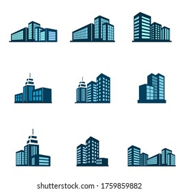 isometric building icon with dark blue colour