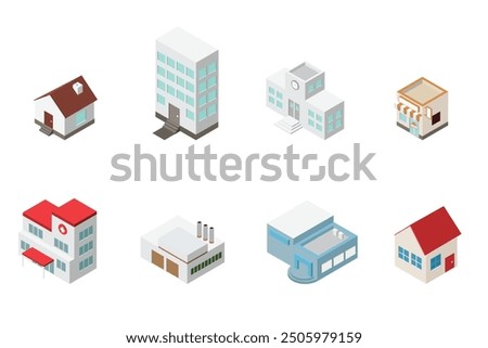 isometric building illustration element set 