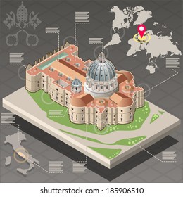 Isometric Building Infographic Saint Peter Vatican Sistina Chapel Rome. Michelangelo Judgment Papal Palace Building. Enclave Sistine Chapel Saint Peter Church. Building Vatican Jesus Garden Vector