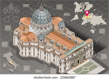 Isometric Building Infographic Saint Peter Vatican Sistina Chapel Rome. Michelangelo Judgment Papal Palace Building. Enclave Sistine Chapel Saint Peter Church. Building Vatican Jesus Garden Vector