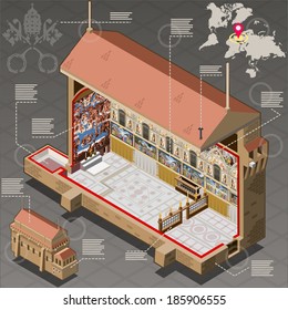 Isometric Building Infographic Vatican Sistina Chapel Rome. Michelangelo Judgment Papal Palace Building. Enclave Sistine Chapel Saint Peter Church.Borgia Tower Building Vatican Garden.Isometric Vector