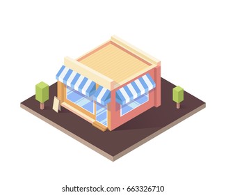  Isometric building isolated cafe or shop. Flat vector illustration.