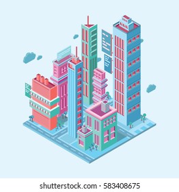 Isometric building. megalopolis business city. skyscrapers towers modern buildings on white background vector illustration