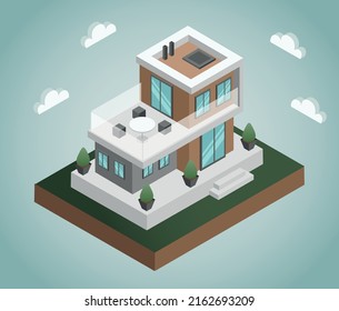 Isometric building. Modern two stored 3d house. Cube, eco, futuristic design. 