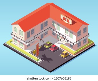 Isometric building. motel with parking. isometric motel. 