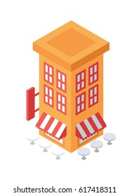 Isometric Building Object or Icon - Element for Tileset Map, Landscape Design, Urban Architecture, Web, Exterior Facade or Game in Colorful Minimalist Flat Vector