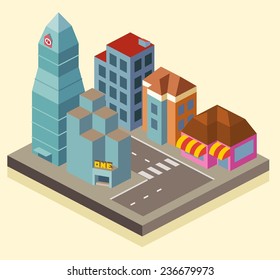 Área de oficinas de edificios isométricos. ilustración vectorial