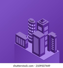 construcción isométrica sobre fondo morado con espacio de copia