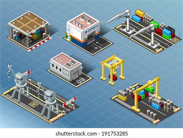 Isometric Building Port Warehouse. Isometric Buildings Industrial Factory Set. Flat 3D Urban City Map Industrial Building Infographic Game Tiles Collection. Urban Farm Map Industry Vector Business Set