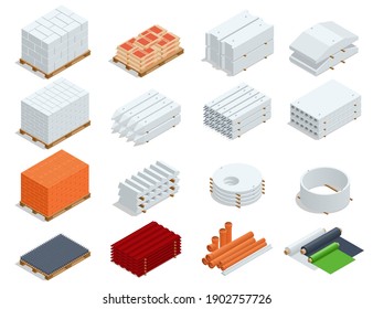 Isometric building products icons. Ferro-concrete items, Concrete elements, pipes, iron roof, cement, concrete and brick