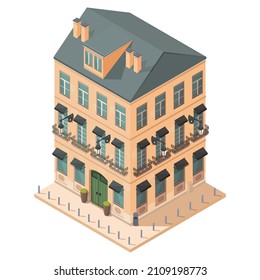 isometric building with restaurant and terrace, vector illustration