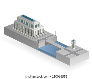 Isometric building with a river and a bridge