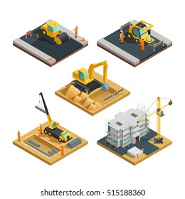 Isometric building and road construction compositions set with transport equipment and workers isolated on white background vector illustration