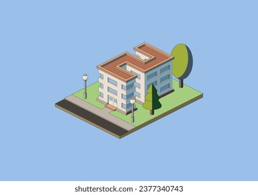 Isometric building with road and trees, vector illustration.