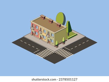 Isometric building with road and trees, vector illustration.