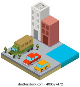 Isometric building scene with army truck cars. Vector illustration