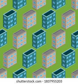 Construcción isométrica sin problemas. Antecedentes del concepto de arquitectura urbana. Edificios urbanos de estilo isométrico. Ilustración vectorial.