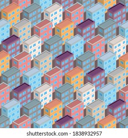 Isometric building seamless pattern. Urban architecture concept background. City buildings in isometric style. Vector illustration.