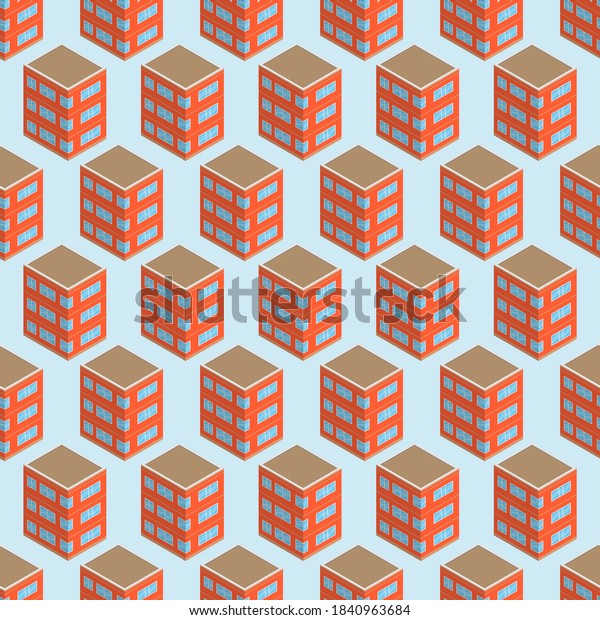 Isometric building seamless pattern. Urban\
architecture concept background. City buildings in isometric style.\
Vector illustration.
