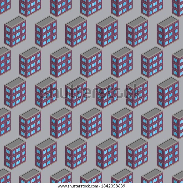 Isometric building seamless pattern. Urban\
architecture concept background. City buildings in isometric style.\
Vector illustration.
