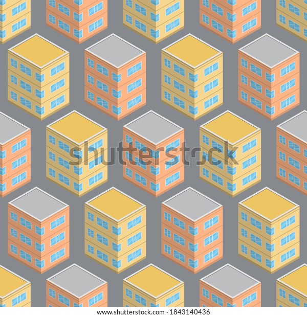 Isometric building seamless pattern. Urban
architecture concept background. City buildings in isometric style.
Vector illustration.