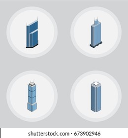 Isometric Building Set Of Apartment, Residential, Business Center And Other Vector Objects. Also Includes Urban, Cityscape, Center Elements.