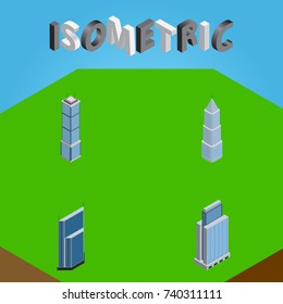 Isometric Building Set Of Apartment, Urban, Exterior And Other Vector Objects. Also Includes Apartment, Exterior, Skyscraper Elements.