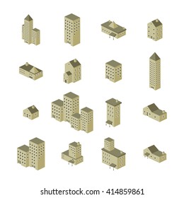 isometric building set cartoon theme vector illustration
