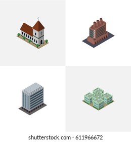 Isometric Building Set Of Chapel, Office, Industry And Other Vector Objects. Also Includes Office, Church, Factory Elements.