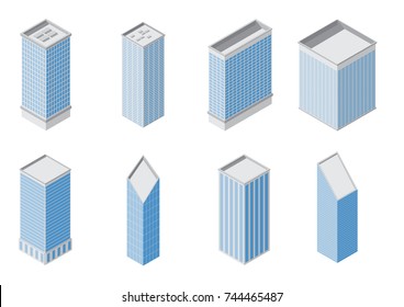 isometric building set, cityscape design, office industry construction