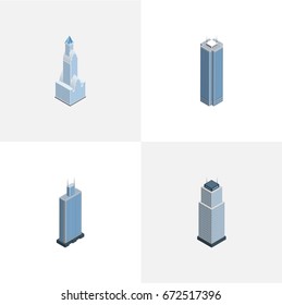 Isometric Building Set Of Cityscape, Tower, Business Center And Other Vector Objects. Also Includes Tower, Cityscape, Business Elements.