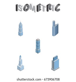 Isometric Building Set Of Cityscape, Building, Urban And Other Vector Objects. Also Includes Residential, Exterior, Cityscape Elements.
