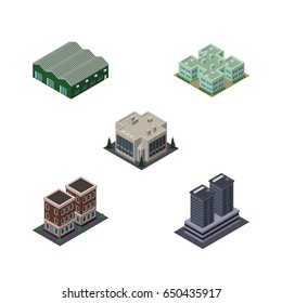 Isometric Building Set Of Clinic, Tower, Company And Other Vector Objects. Also Includes Company, Depot, Hospital Elements.