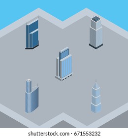 Isometric Building Set Of Exterior, Building, Residential And Other Vector Objects. Also Includes Urban, Skyscraper, Cityscape Elements.