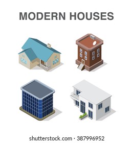 Isometric building set with four modern houses. Modern isometric house concept.