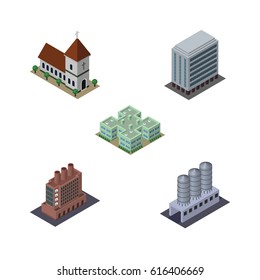 Isometric Building Set Of Industry, Office And Other Vector Objects. Also Includes Chapel, Hospital, Church Elements.