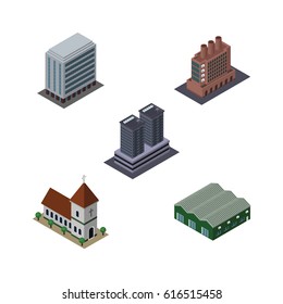 Isometric Building Set Of Industry, Warehouse, Chapel And Other Vector Objects. Also Includes Storage, Chapel, Office Elements.