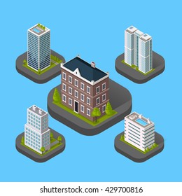 Isometric building set isolated design flat style. 3d modern house building with helipad or business offices isolated on a blue background. Templates for building web design. Vector illustration