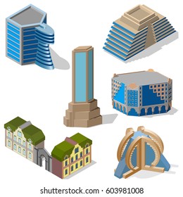 Isometric building set, modern tower town, landmark collection